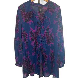 ⭐️2/$10 Lane Bryant Purple Navy Floral Pleated Ruffle Neck Blouse Sz 22/24